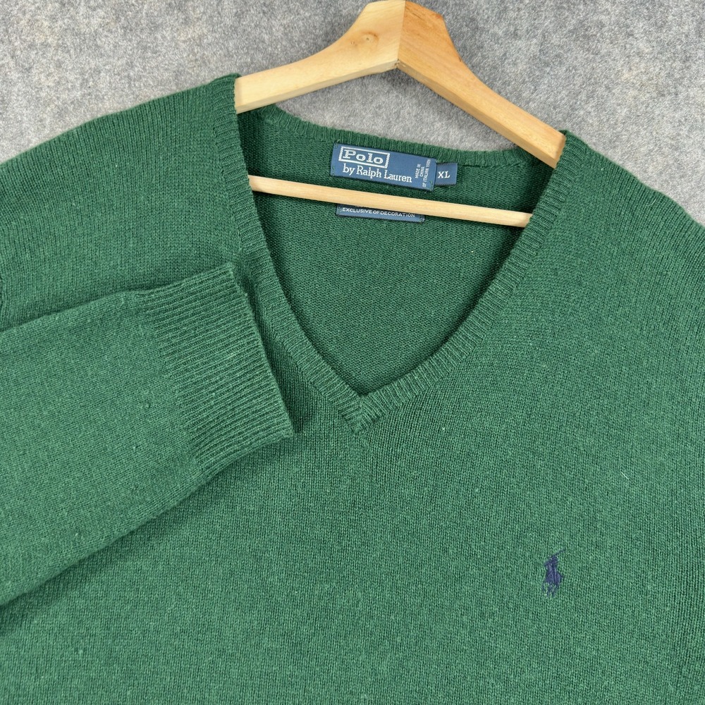 Polo By Ralph Lauren Sweater Mens XL Green 100% Lambswool V Neck Pullover Logo